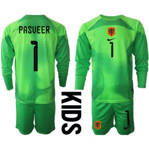 Holandsko Remko Pasveer #1 Brankářské Dětské Domácí dres komplet MS 2022 Dlouhý Rukáv (+ trenýrky)